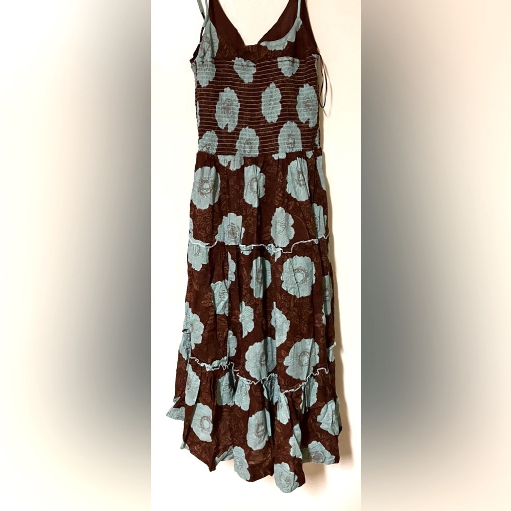 Free People Brown and Aqua Blue Floral Tiered Midi Dress Size M - Picture 5 of 8